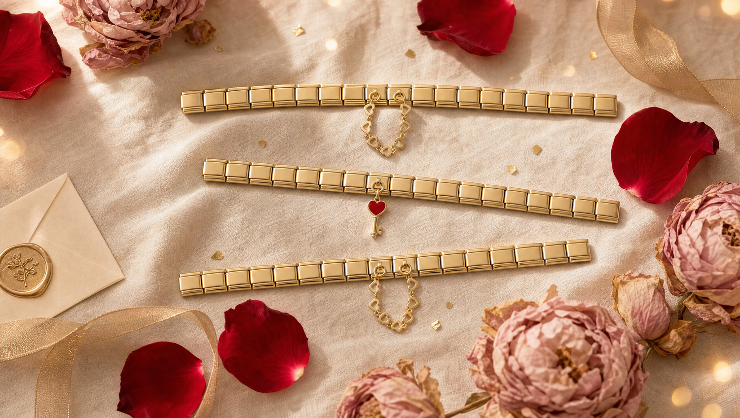 Drei goldene Italian Charm Armbänder mit Herz-Charms, Doppelherz und Liebesschlüssel, umgeben von roten Rosenblättern und rosa Pfingstrosen