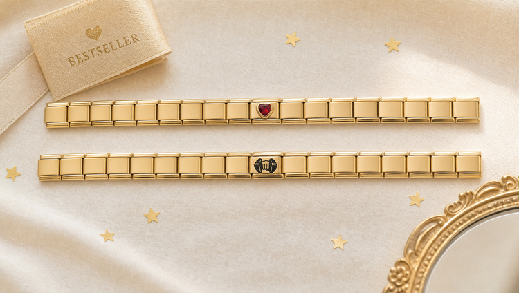 Novo Charm Bestseller Kollektion – Rot Glänzendes Herz und Hantel Girl Power Charm auf goldenen Italian Charm Armbändern