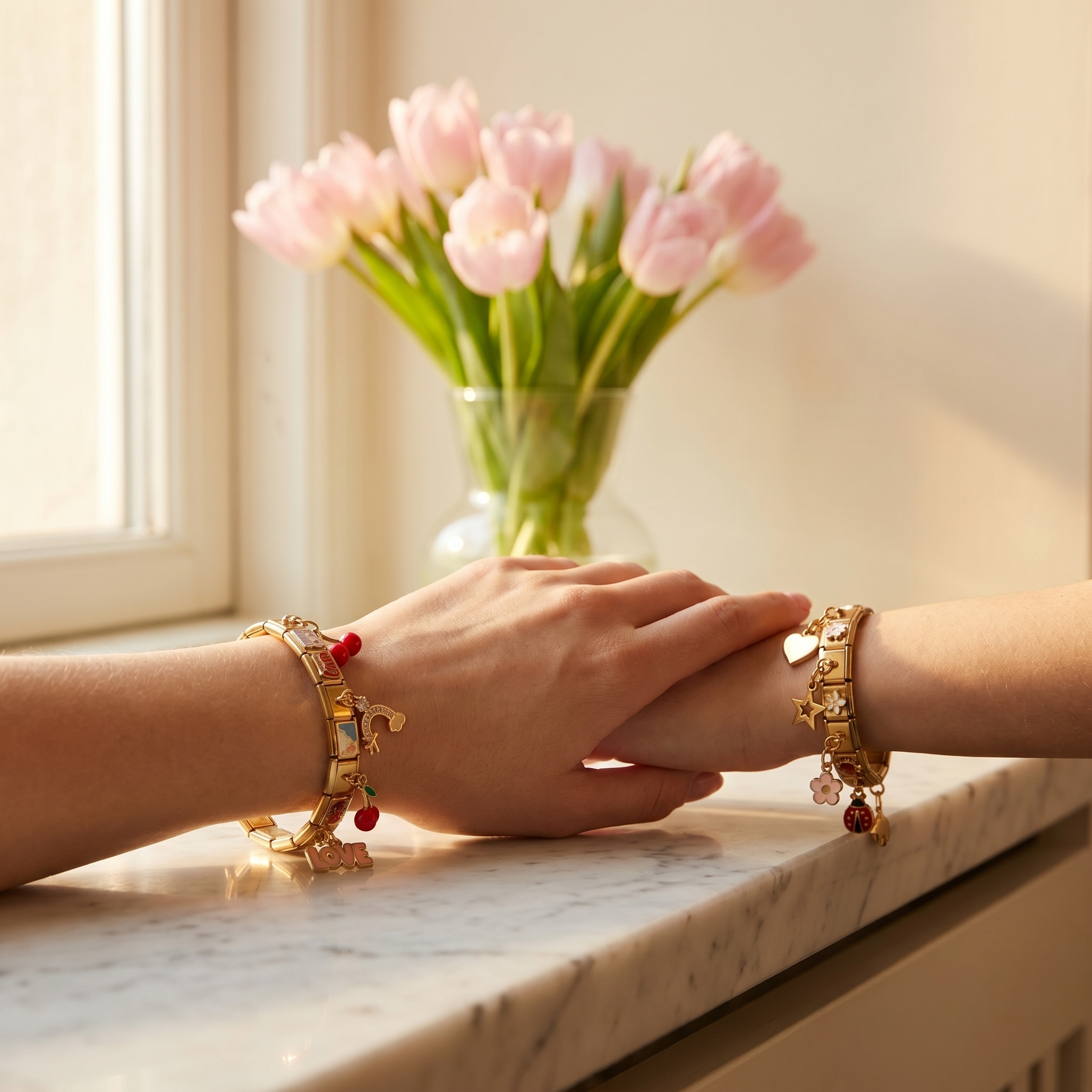 NovoCharm Italian Charm Armbänder Gold – zwei Handgelenke mit verschiedenen Charm Kombinationen am Fenster
