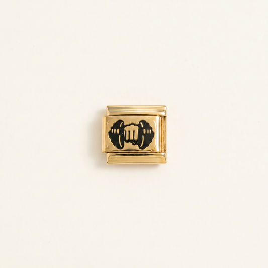 Italian Charm Hantel Girl Power Fitness-Symbol auf goldenem Edelstahl-Glied