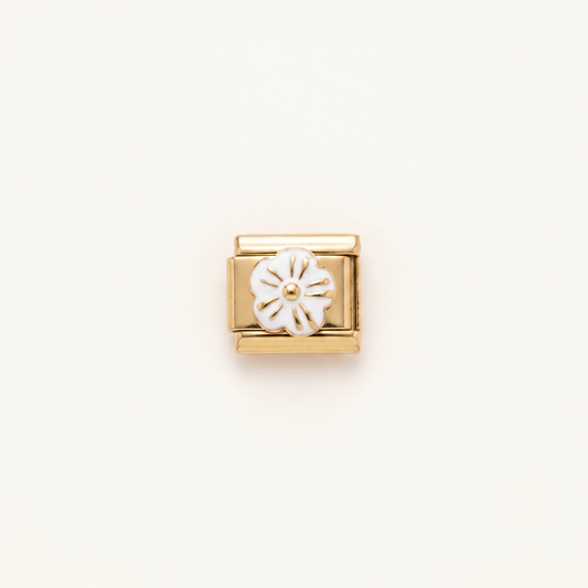 Italian Charm Blume Weiß Porzellan Optik auf goldenem Edelstahl-Glied