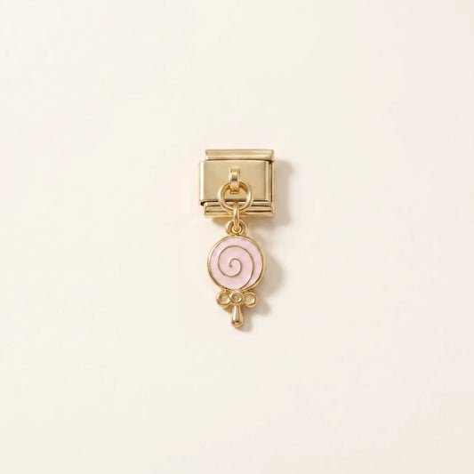 Italian Charm Lolli Anhänger mit buntem Lutscher als Dangle-Element auf goldenem Edelstahl-Glied